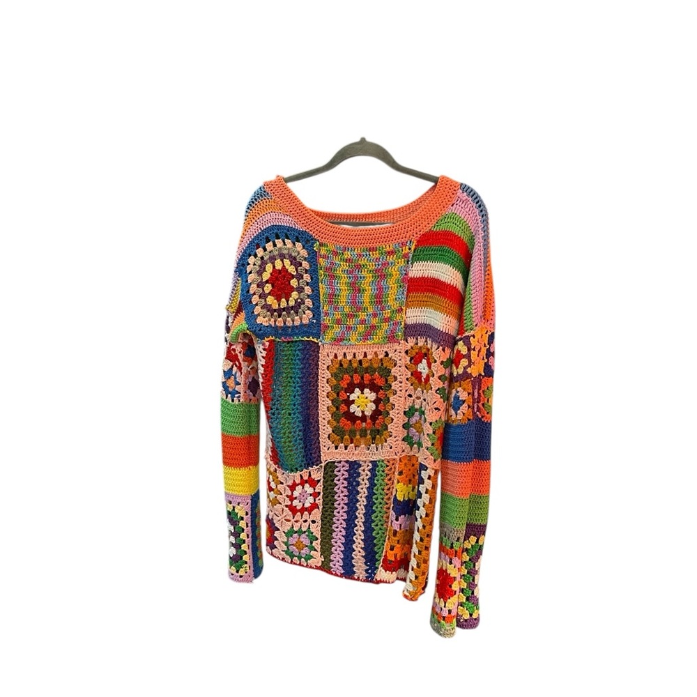 Colorful Patchwork Crochet Sweater… size L+… vibrant, and beautiful